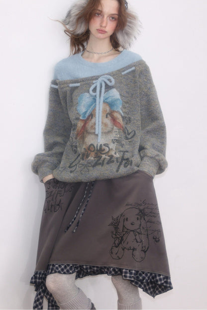 Rabbit Print Bow Knit Sweater