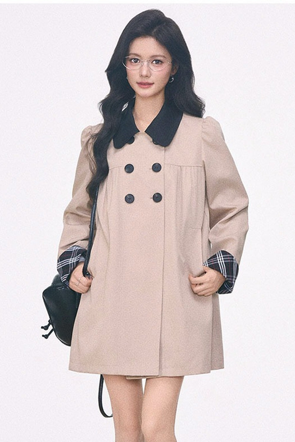 Plaid Trim Mid-Length Windbreaker Jacket