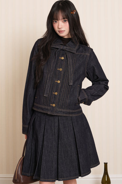 Washed Denim Lapel Tie Jacket