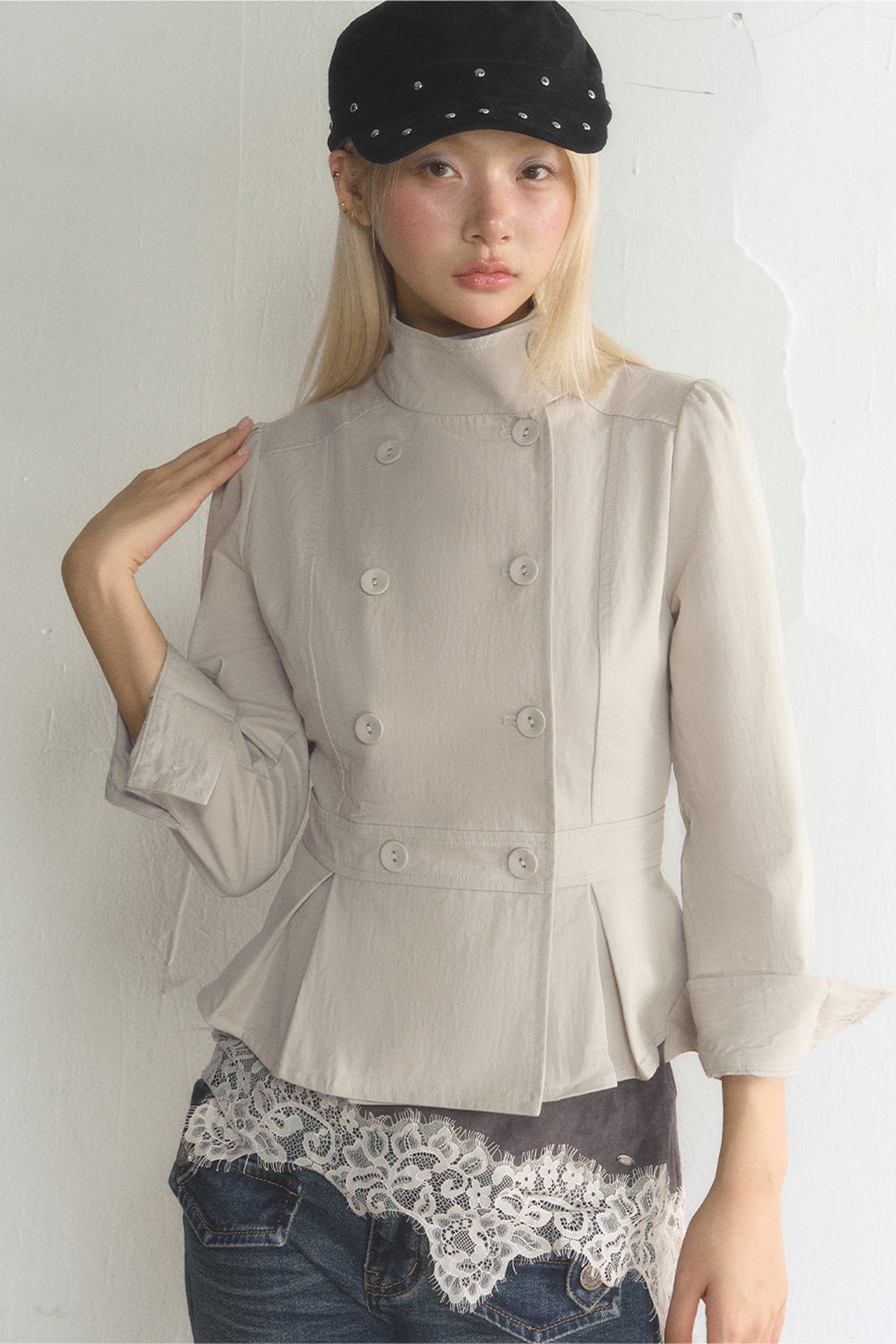 Stand Collar Double-Breasted Ruffled Hem Jacket