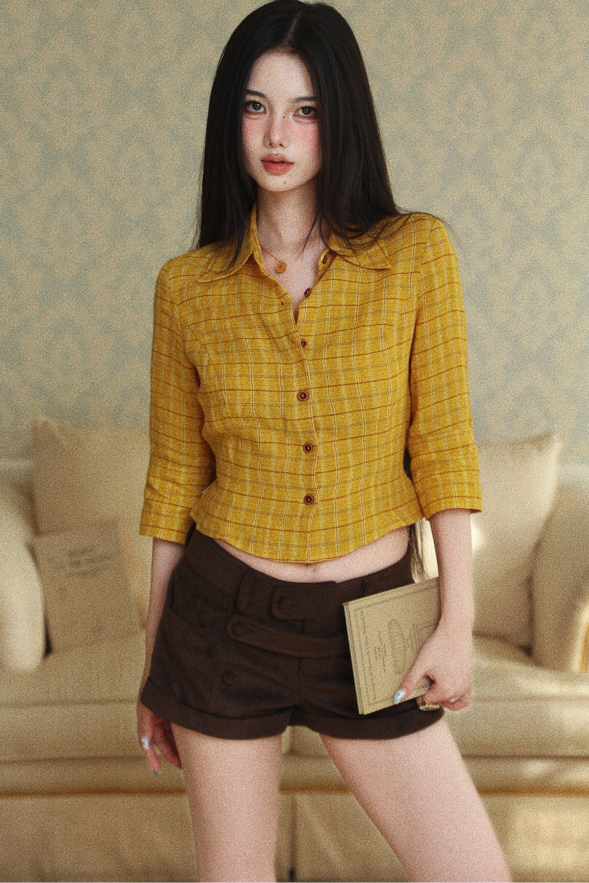 Camisa corta de lino a cuadros