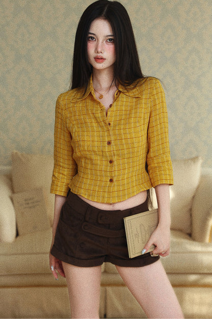 Camisa corta de lino a cuadros