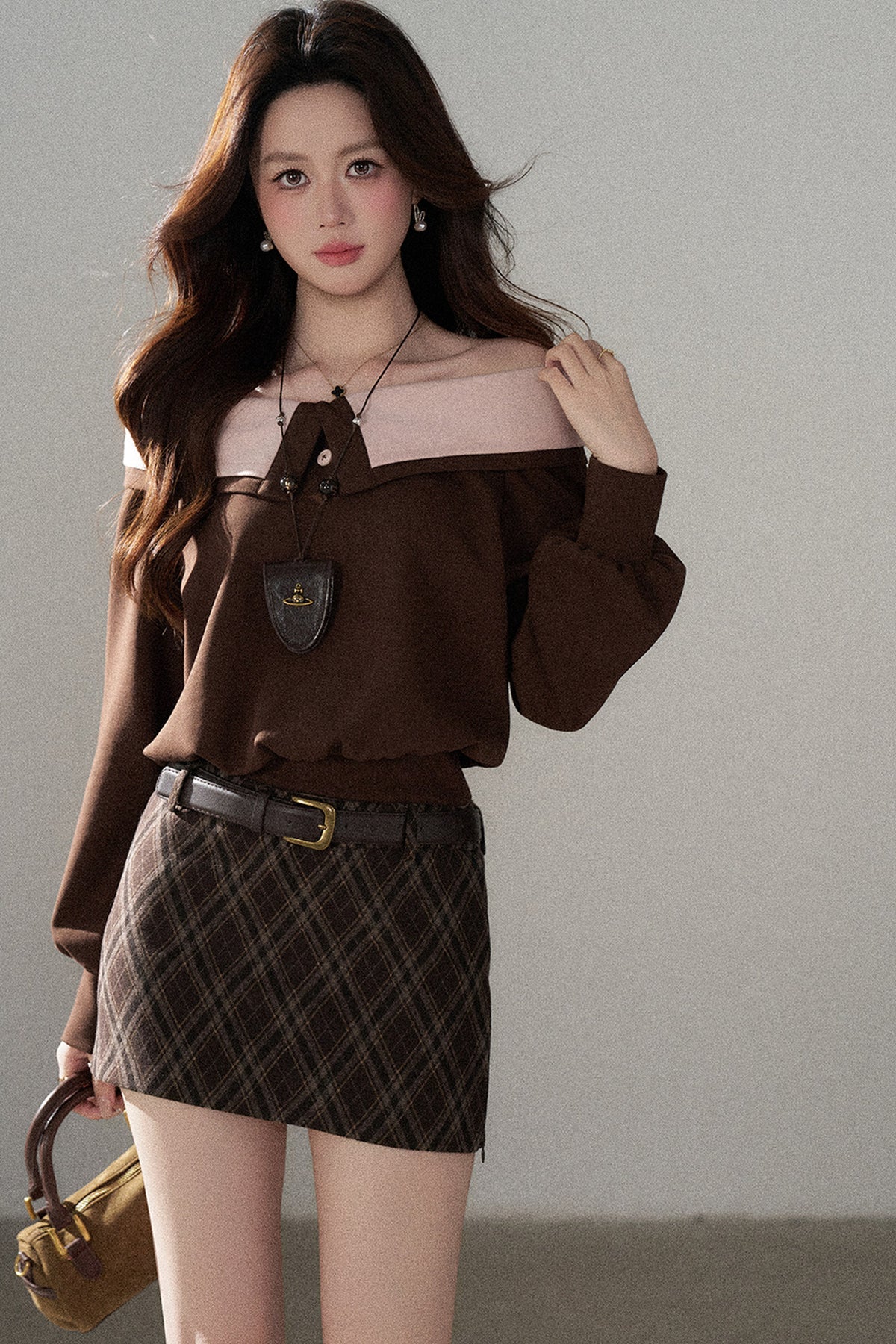 High-Waisted Woolen Plaid Skirt