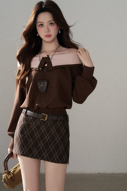 High-Waisted Woolen Plaid Skirt