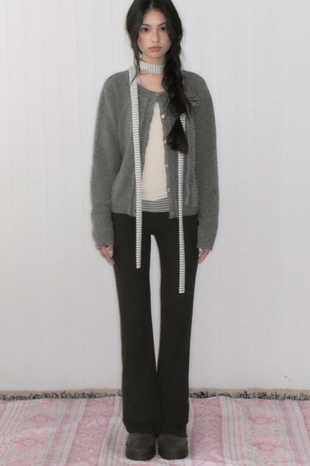 Gray Plaid Bow Knit Sweater and Pants Set-Up