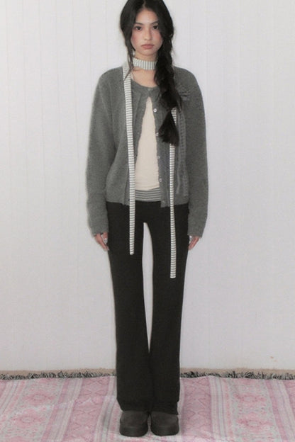Gray Plaid Bow Knit Sweater and Pants Set-Up