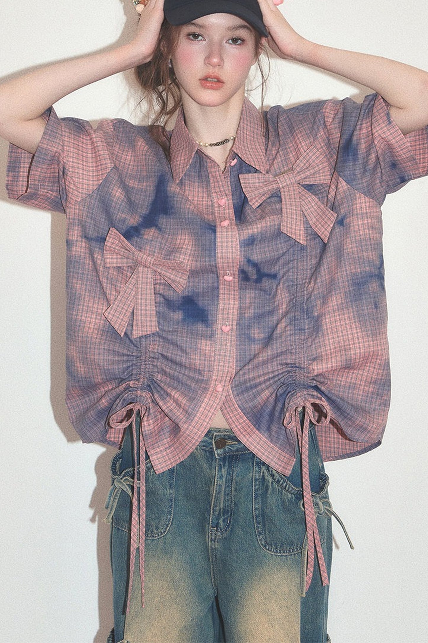 Pink Plaid Bow Drawstring Blouse