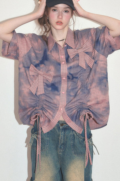 Pink Plaid Bow Drawstring Blouse
