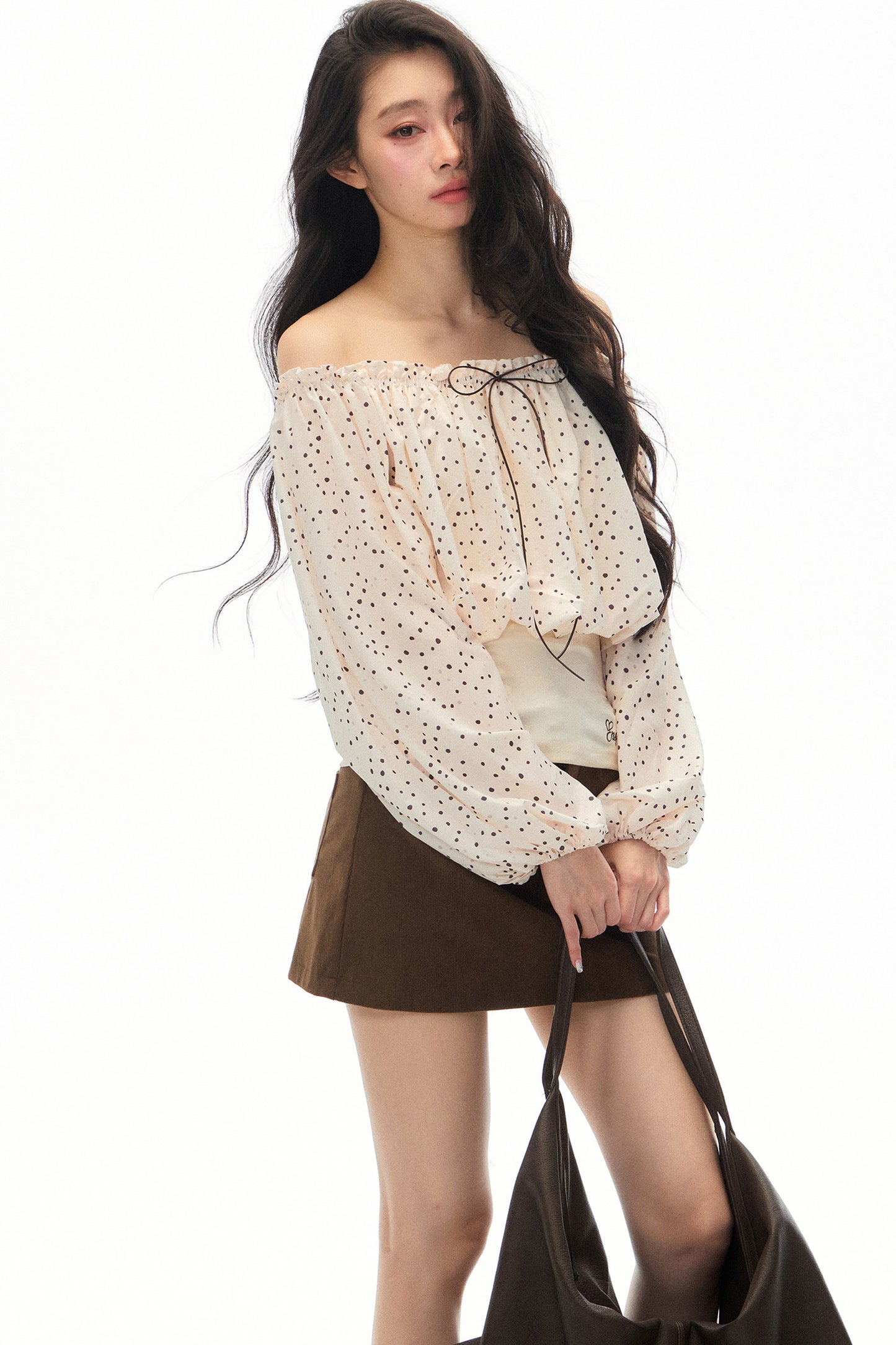 Polka Dot Off-Shoulder Chiffon Top and Skirt Set-Up