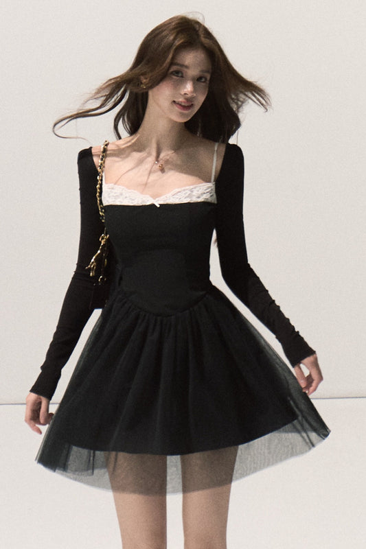 Lace-Trimmed Black Knit Dress