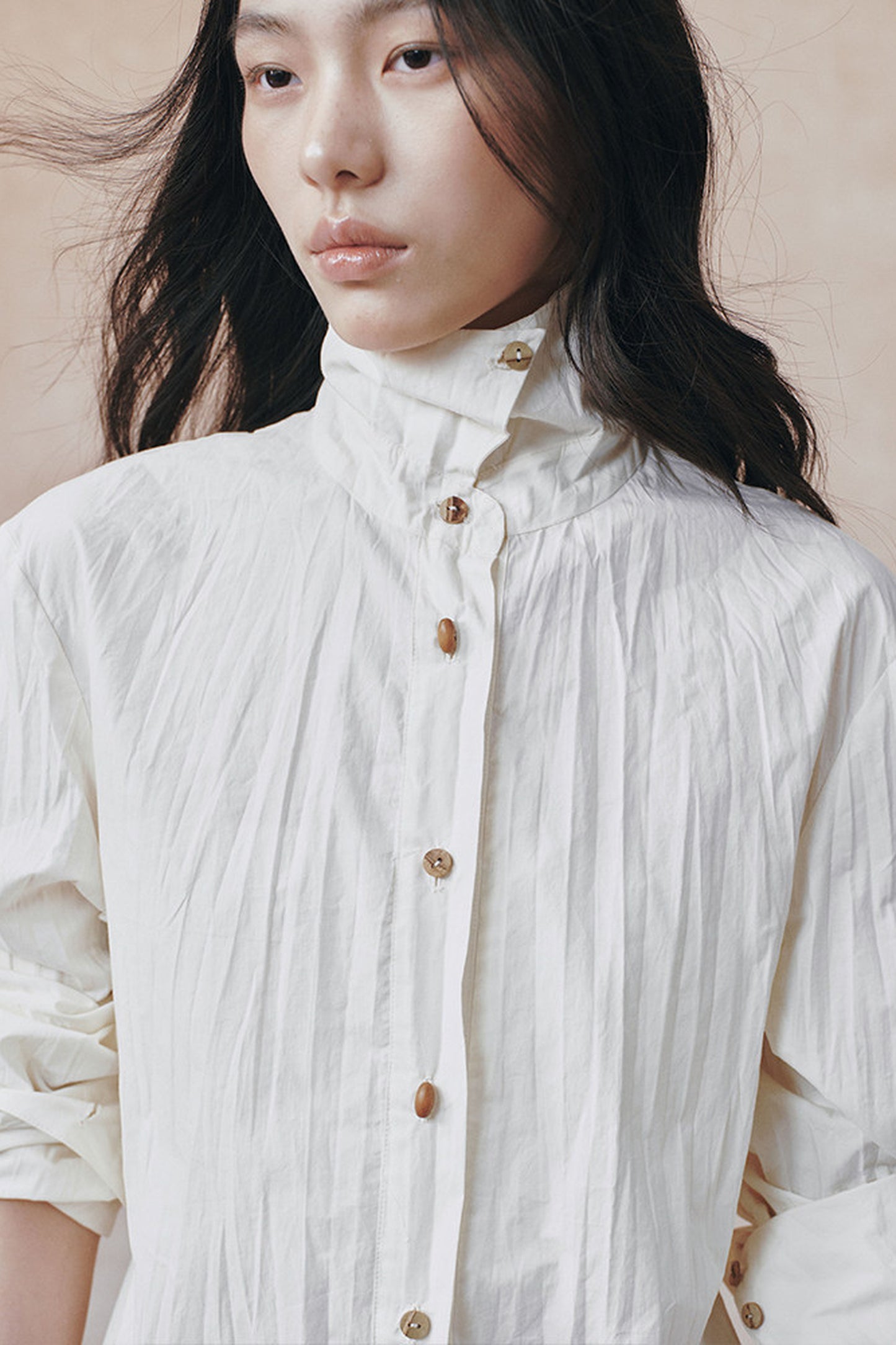 Pleated Stand Collar Shirt and Skirt Set