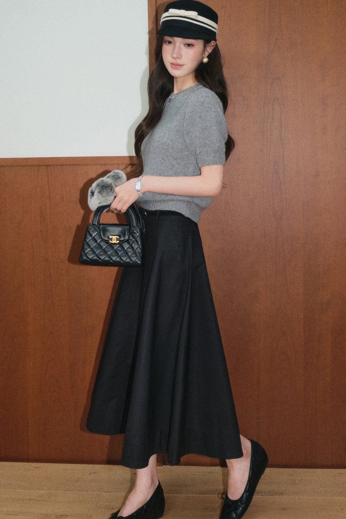 Gray Wool Knit Top and Retro Skirt Set-Up