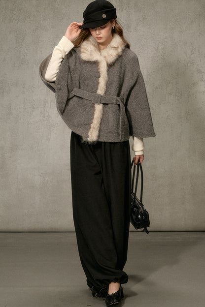 Floral Fur Collar Woolen Cape