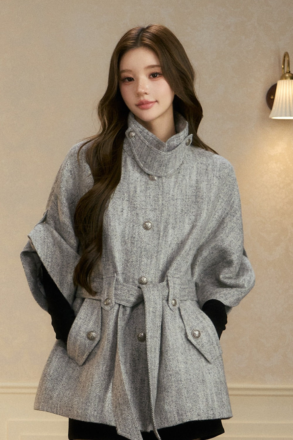 Stand Collar Batwing Wool Cape Jacket
