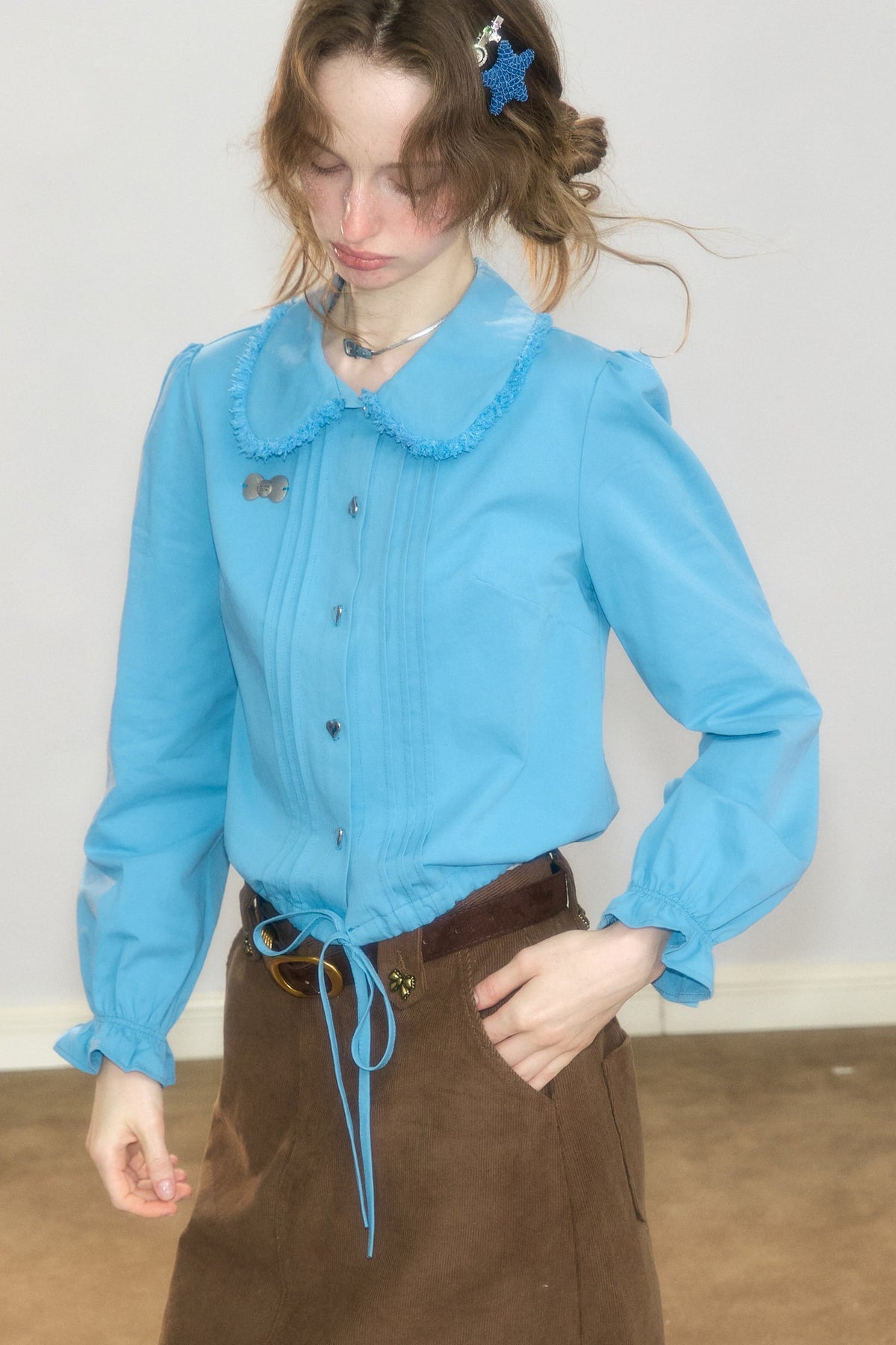 Tassel Doll Collar Puff Sleeve Shirt