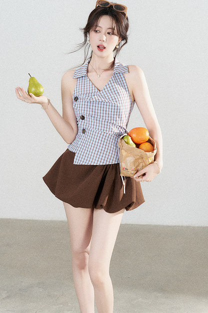 Blue Plaid Sleeveless Halter Shirt and Irregular Hem Skirt Set-Up