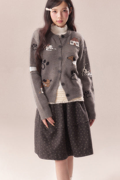 Paw Print Jacquard Knit Cardigan