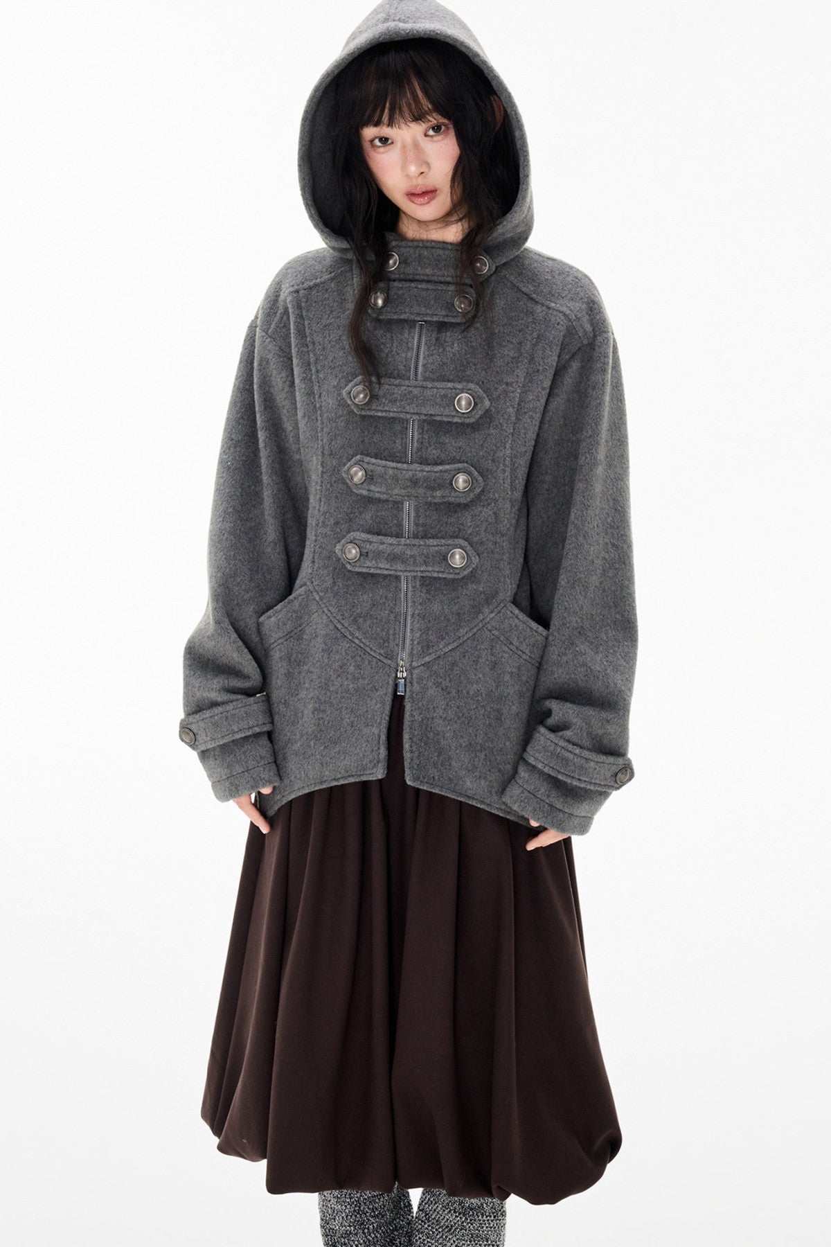 Woolen Hooded Irregular Hem Jacket