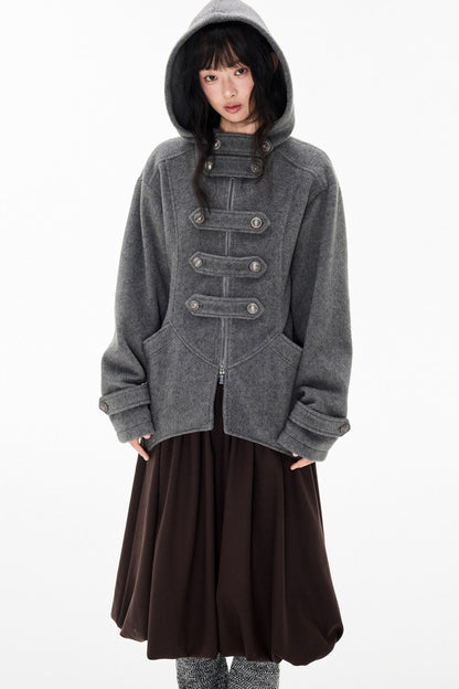 Woolen Hooded Irregular Hem Jacket