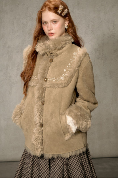 Embroidered Fur Collar Shearling Jacket