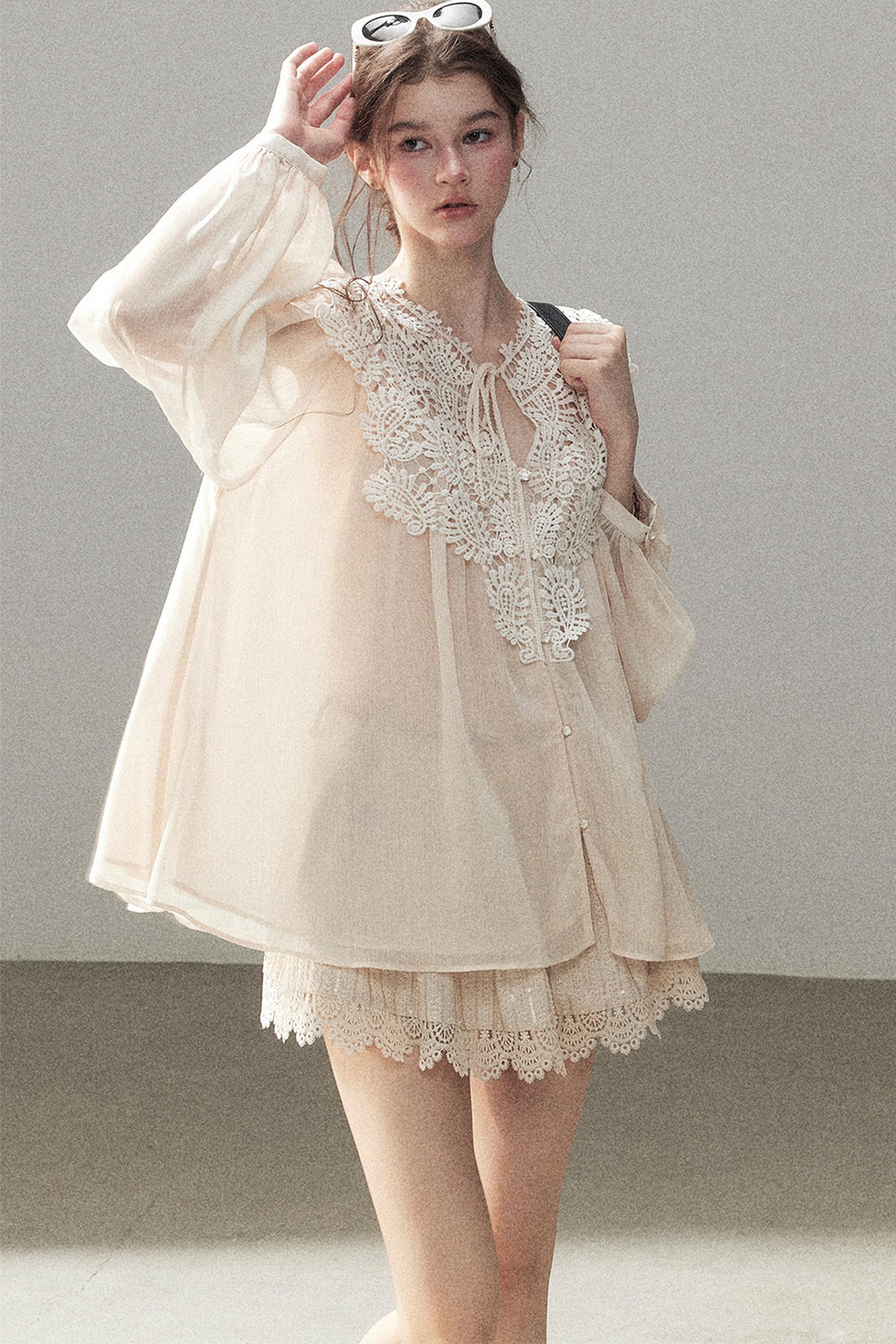 French Style Lace Trim Chiffon Top