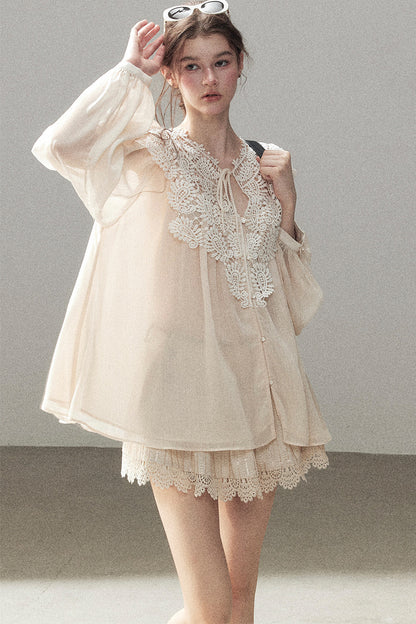 French Style Lace Trim Chiffon Top