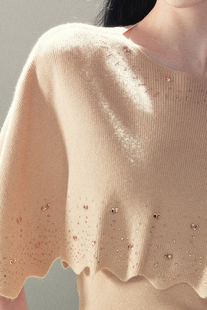 Rhinestone Hollow-Out Cape Sweater Set