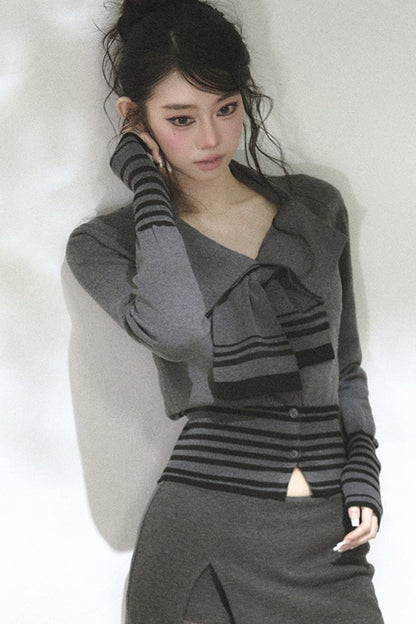Bow Tie Striped Knit Cardigan