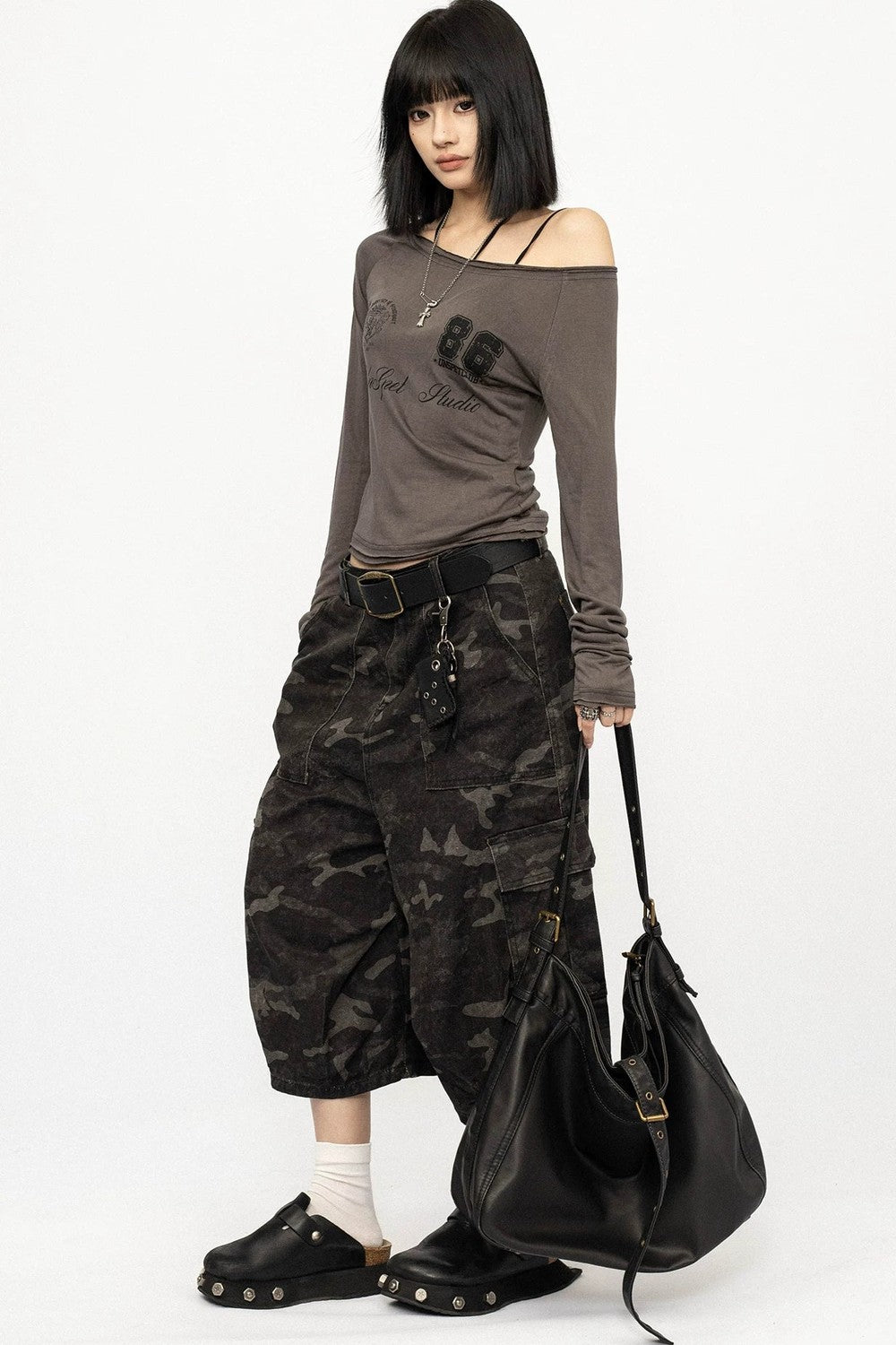 Gray Graphic Off-Shoulder Long Sleeve Top