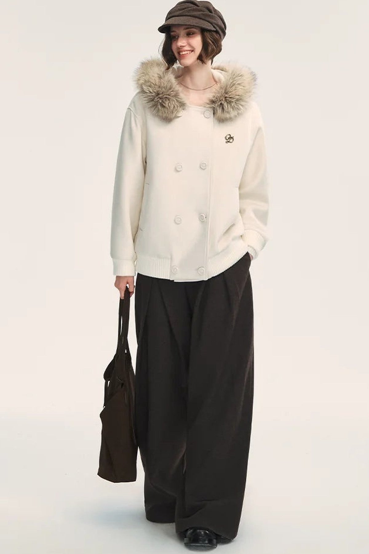White Wool Hooded Large Fur Collar Jacket