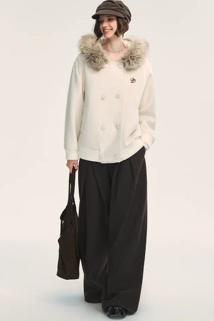 White Wool Hooded Large Fur Collar Jacket