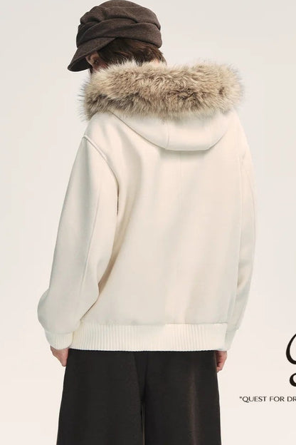 White Wool Hooded Large Fur Collar Jacket