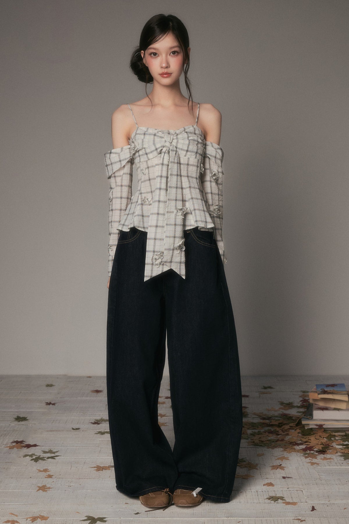 Bow-Tie Plaid Floral Long-Sleeve Tube Top