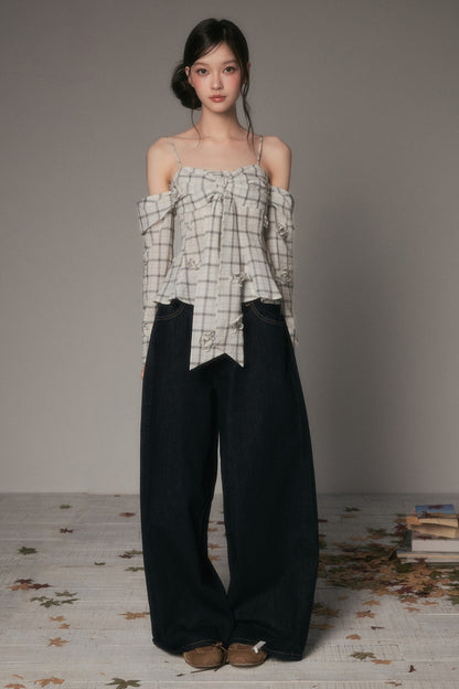 Bow-Tie Plaid Floral Long-Sleeve Tube Top