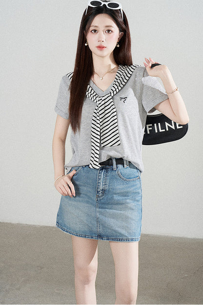 Loose Short-Sleeved Striped Shawl T-Shirt and Denim Skirt Set-Up