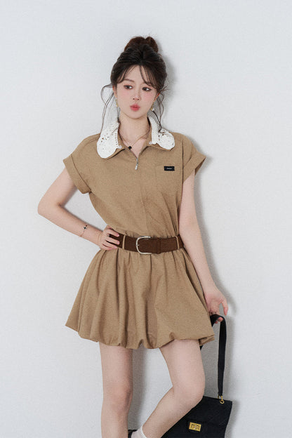 French Khaki Puff Dress