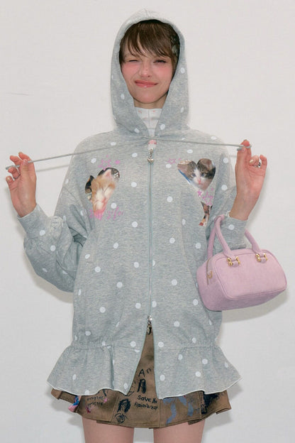 Cat Polka Dot Zipper Hooded Jacket