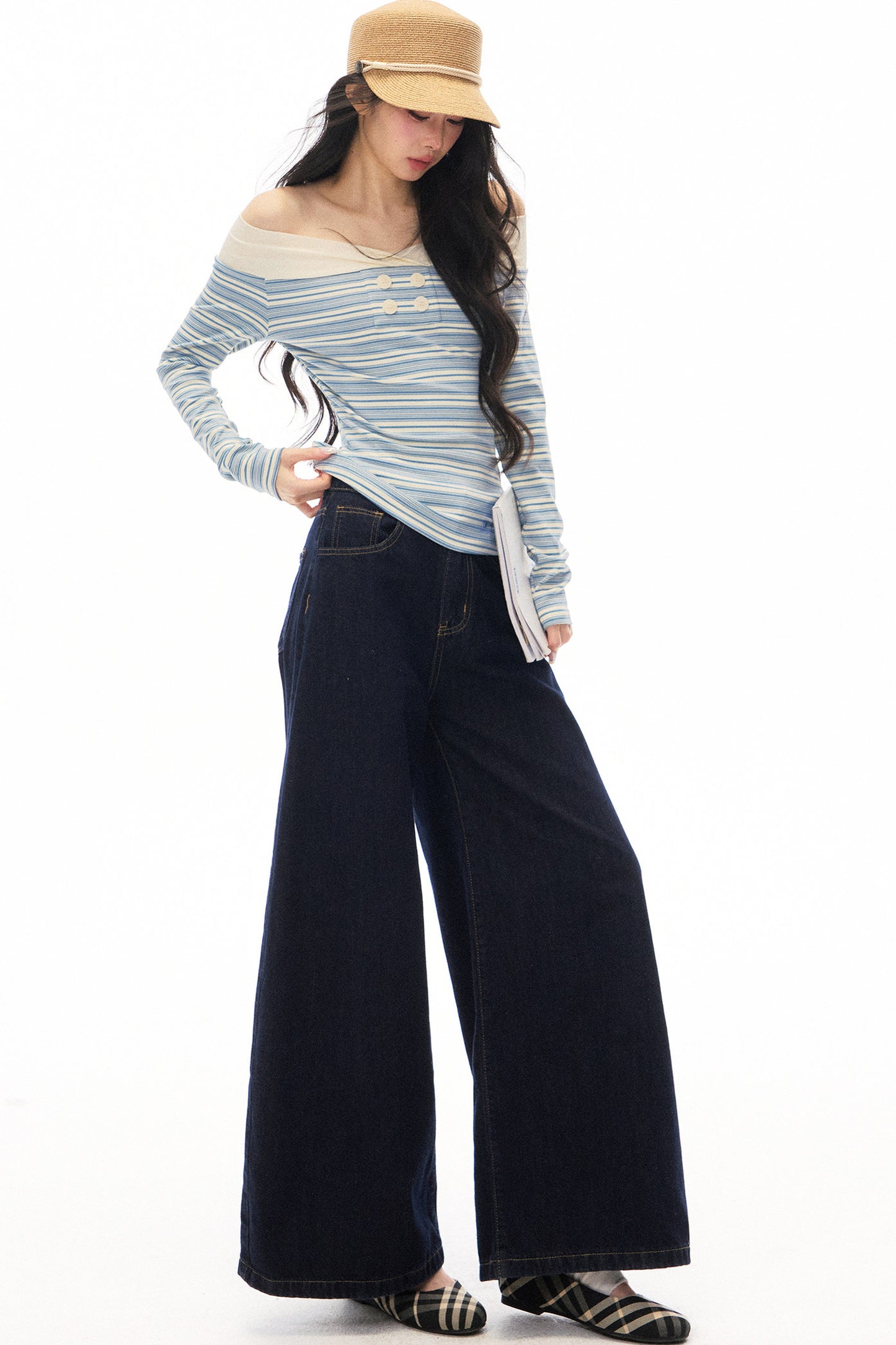Striped Off-Shoulder Knit Top and Jeans Set-Up