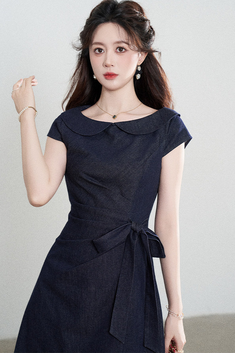 Blue Denim Doll Collar Pleated A-Line Dress