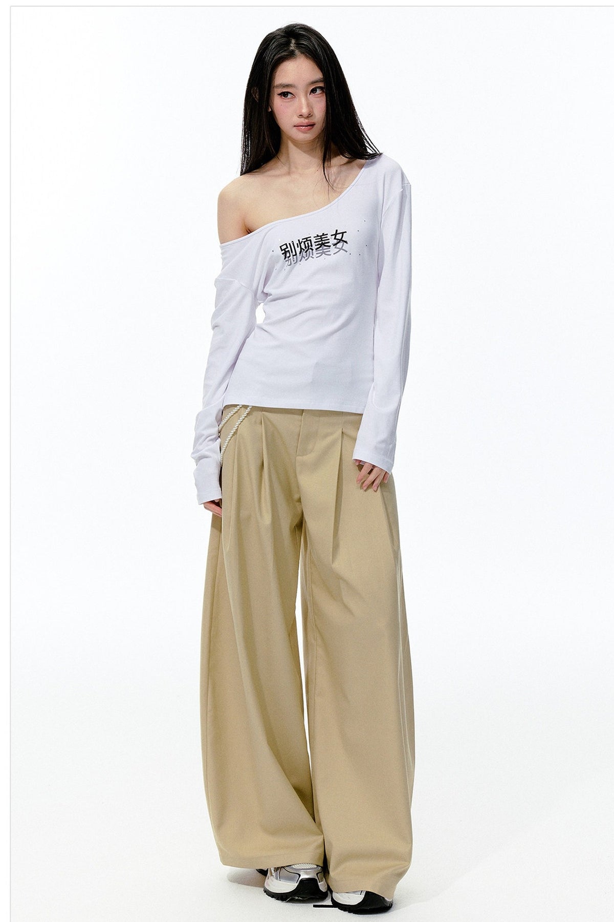 Detachable Pearl Chain Wide-Leg Pants
