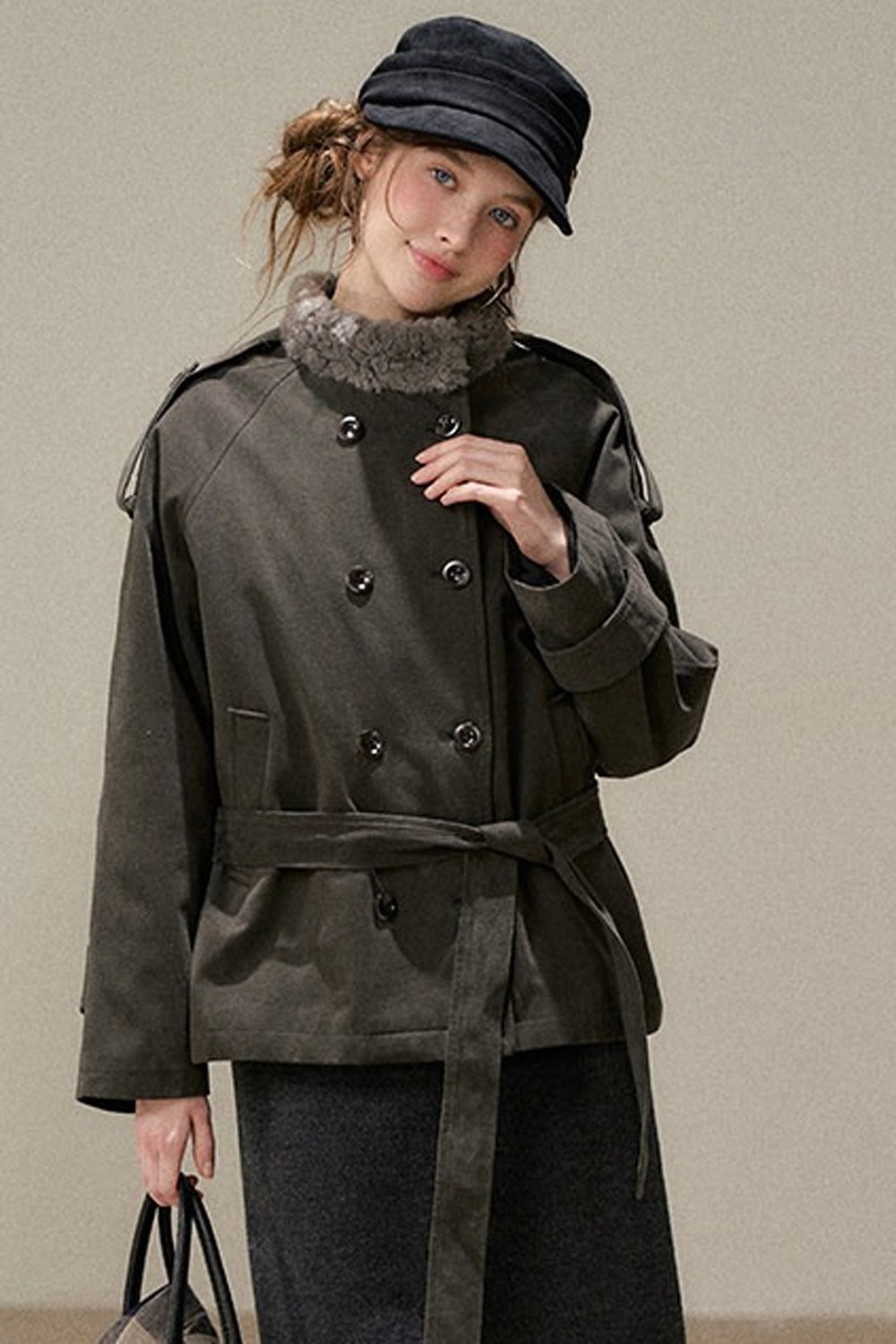 Gray Green Fur Collar Quilted Jacket
