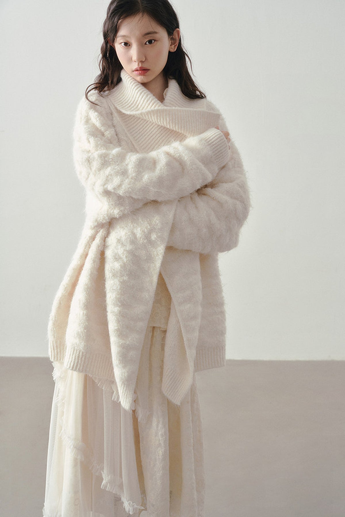 Beige Thick-Knit Loose Mid-Length Cardigan