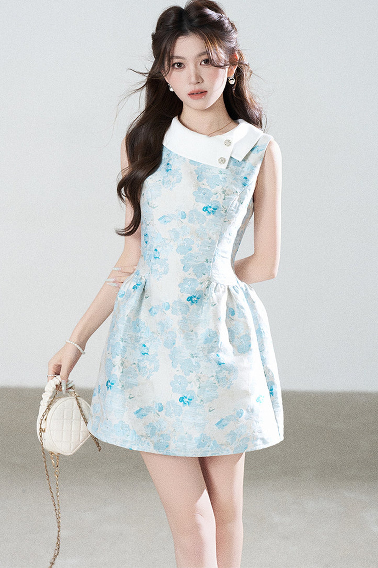 Blue Floral Jacquard Sleeveless Dress