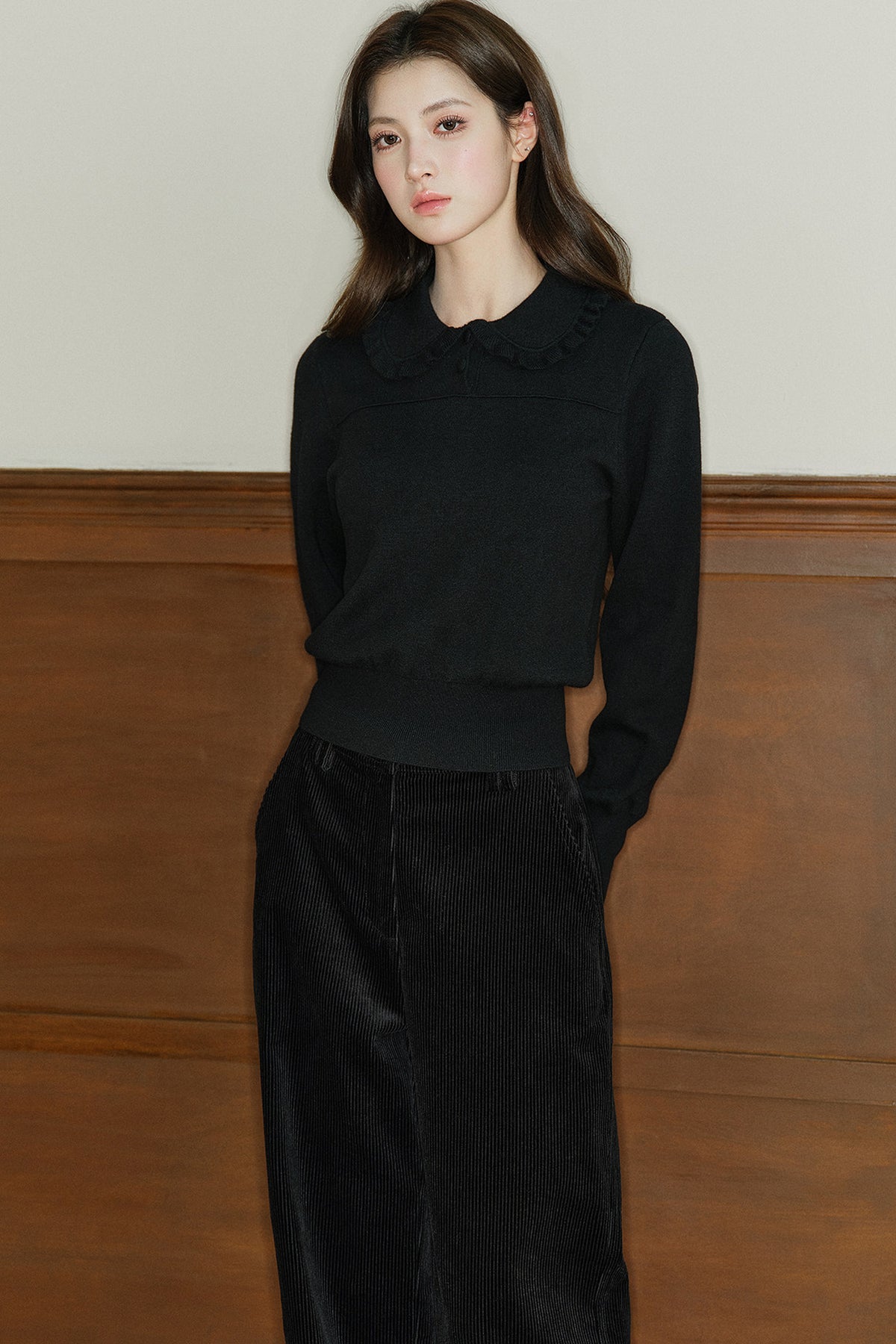 Wool Blend Ruffled Doll Collar Top
