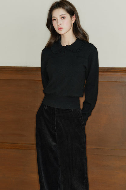 Wool Blend Ruffled Doll Collar Top