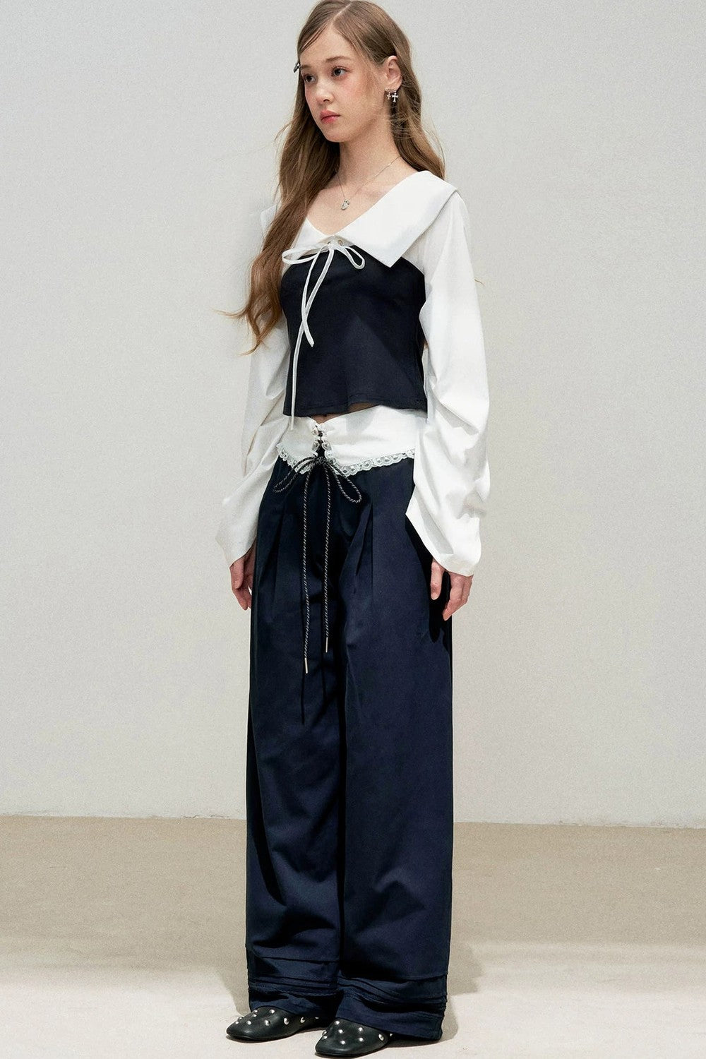 Navy Bow Patchwork Blouse
