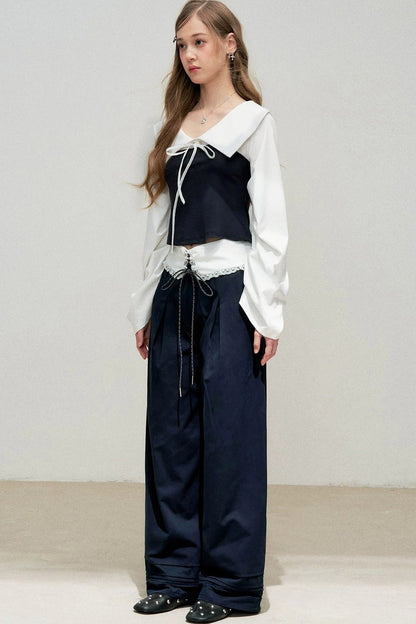 Navy Bow Patchwork Blouse