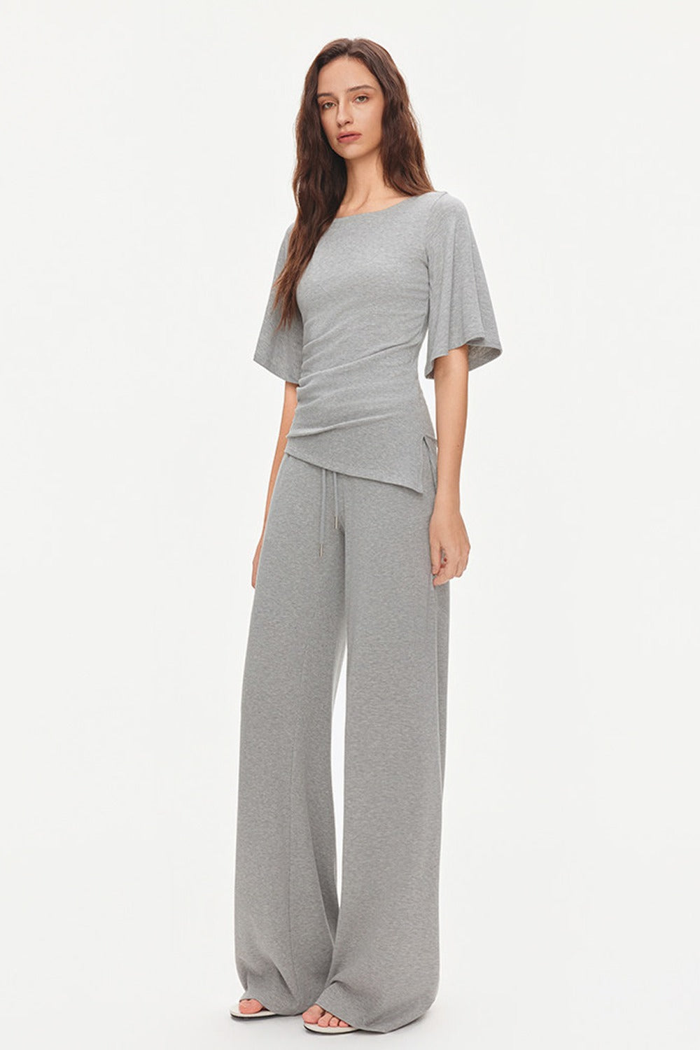 Ruched Modal Cotton Top and Wide-Leg Pants Set-Up