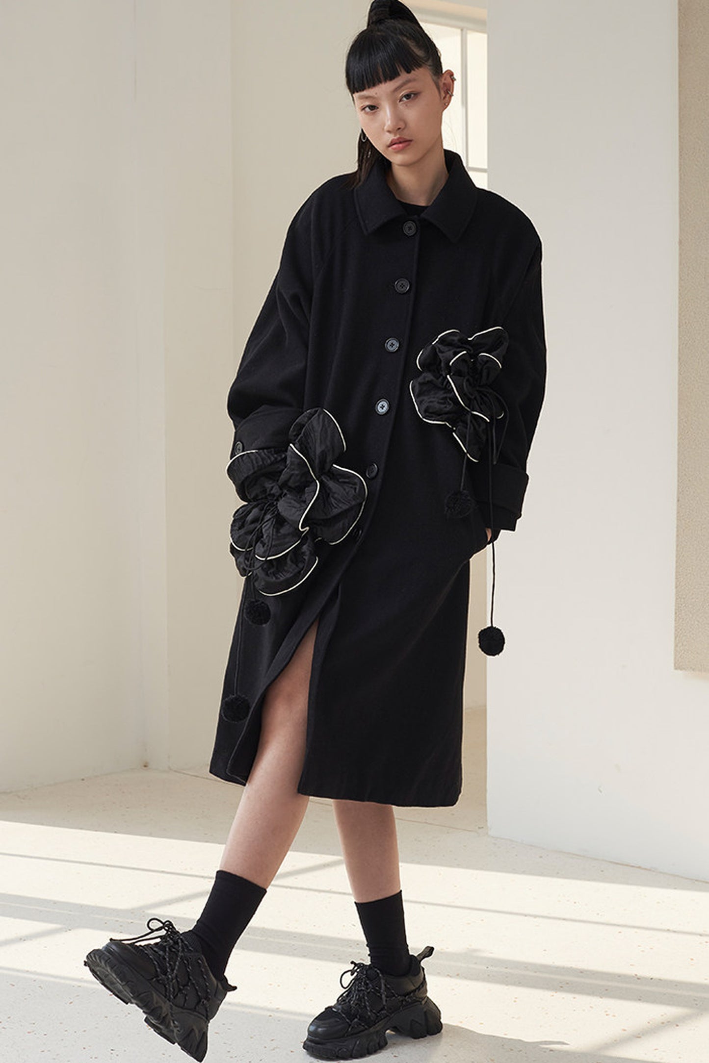Floral Pleated Wool Coat