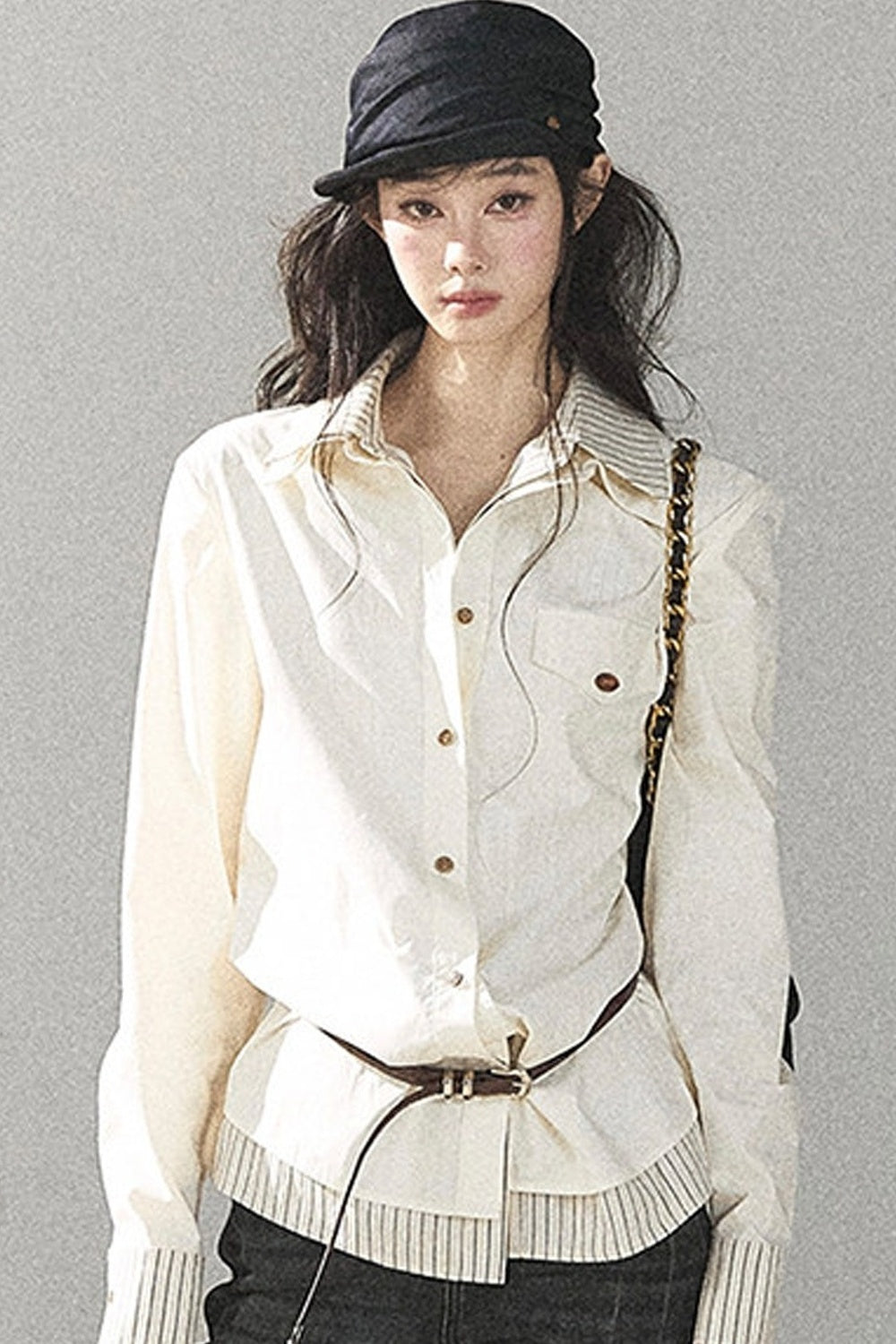 Creamy White Striped Layered-Look Shirt